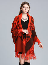 Printed Bat Sleeve Knitted Cardigan Shawl Tassels