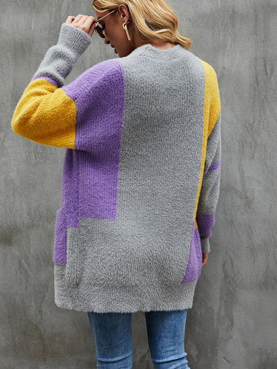 Sable-like V-neck Stitching Contrast Cardigan Sweater