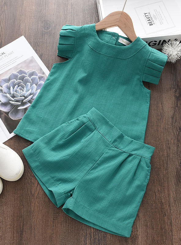 Flying Sleeve Top+Solid Color Shorts Two-piece Set