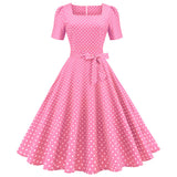 Retro Short Sleeve Wavelet Dot Print Dress