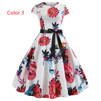 Retro Printed Short Sleeve Lace-up Dress