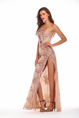 One-shoulder Backless Slit Sequined Dress