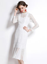 White Lace Openwork Stand Collar Dress