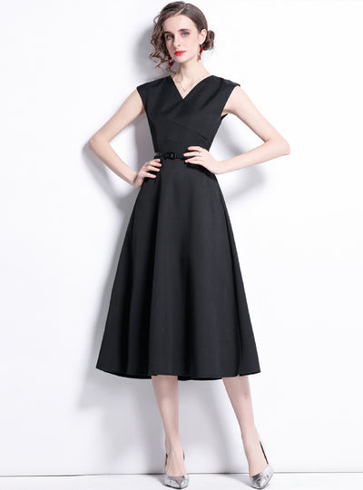 Black V-neck Mid-length Dress