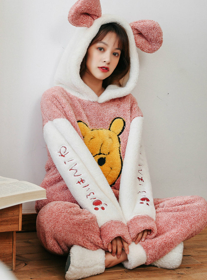 Pink Winnie the Pooh Thickened Flannel Suit