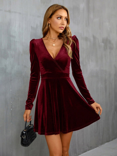 V-neck Long Sleeve Velvet Dress