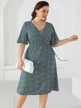 V-neck Trumpet Sleeve Printed Wrap Casual Dress