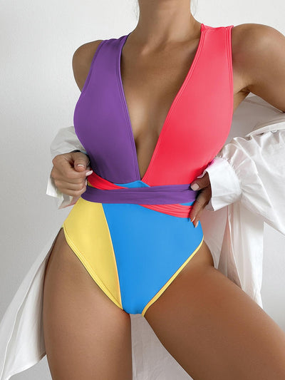 Color-matching Lace-up Backless One-piece Swimsuit