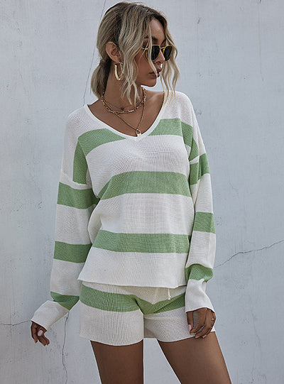 Fashion Stitching Sweater Shorts Suit