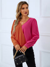 Fashion Color Matching V-neck Long Sleeve Shirt