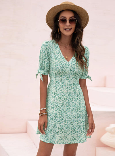 V-neck Temperament Bow Print Dress