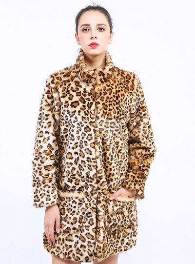 Long Sleeve Lapel Ladies Coat Leopard Print Coat