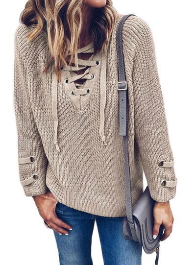 V Neck Knitted Lace-up Sweater Striped Bandage Cross