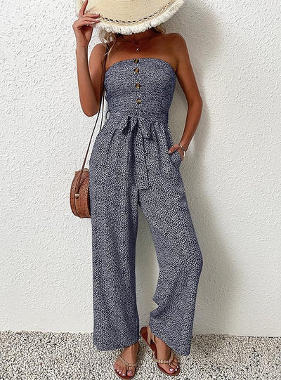 Tube Top Pocket Button Jumpsuit
