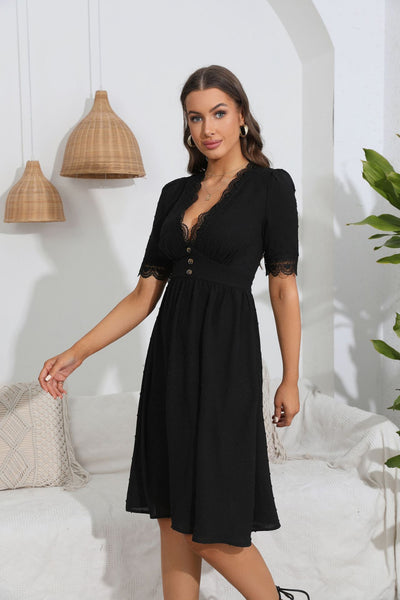 V-neck Button Lace Stitching Dress