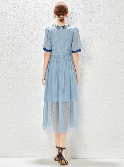 Retro Blue Bubble Sleeve Lace Embroidery Stitching Dress