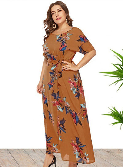 Scoop Short Sleeve Print Plus Dress