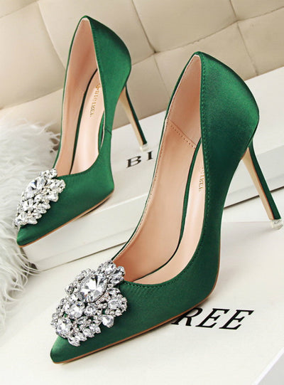 Rhinestone Silk Satin High Heels Shoes Thin Pointed