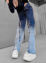 Gradient Irregular Split High Waist Jeans