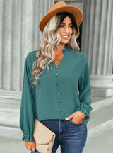 V-neck Fashion Button Solid Color Shirt