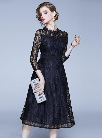 Black Openwork Stitching Lace Dress