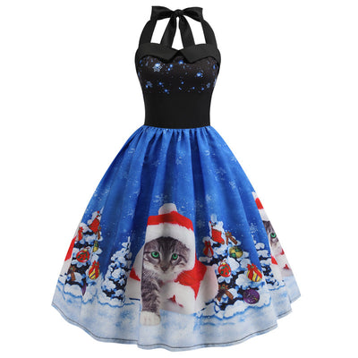 Retro Christmas Printed Halter Dress