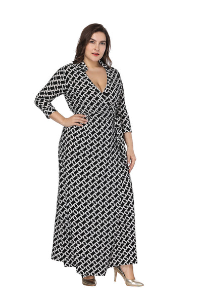 Lapel Cropped Sleeve Knitted Printed Dress