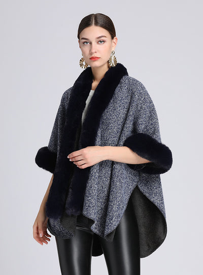 Fur-padded Faux Rex Rabbit Fur Collar Shawl Cape