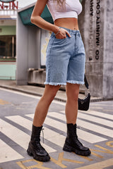 Raw Edges Straight Denim Shorts