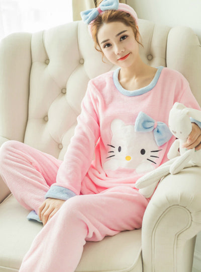 Cat Headband Pyjamas Sets Thick Warm Coral Velvet Suit