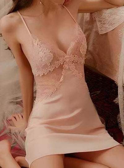 Lace Mesh Simulation Ice Silk Sling Nightdress Two Piece Set