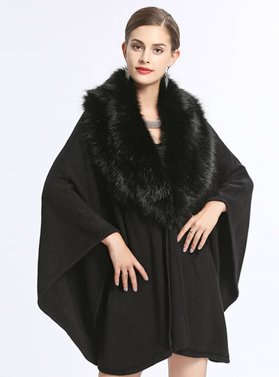 Fox Like Fur Collar Loose Knit Shawl Cape Large Size