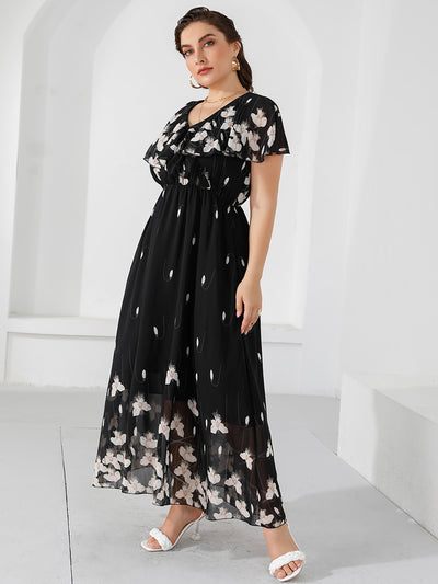 V-neck Trumpet Sleeve Ruffled Chiffon Printed Dress