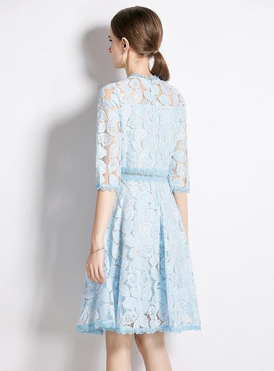 Blue Lace Stitching 3/4 Sleeve Dress