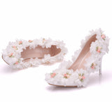 White Flower Shallow Pointed Wedding Shoes
