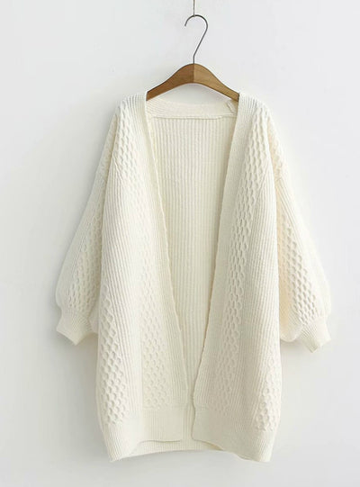 V neck Lantern Sleeve Open Stitch Loose Sweater Jacket