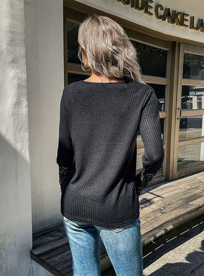 Spliced Lace Round Neck Long Sleeve Slim Knit Top
