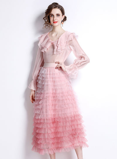 Pink Ruffled Top+Mesh Layer Cake Skirt Suit