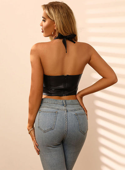 Open-necked PU Leather Vest