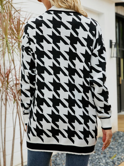 Colour Matching Houndstooth Long Sleeve Sweater Coat