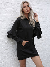 Solid Color Long Sleeve Hooded Black Dress