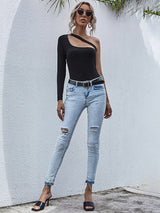 Asymmetric Diagonal Shoulder Long Sleeve T-shirt