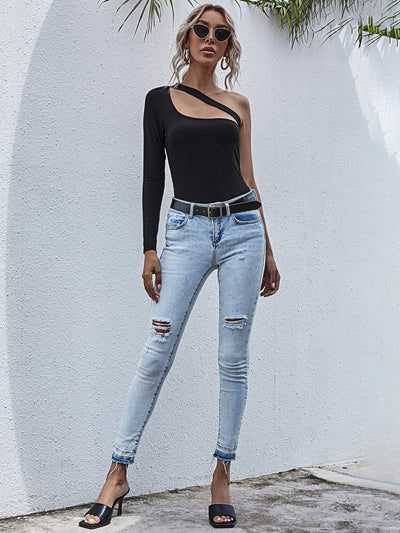 Asymmetric Diagonal Shoulder Long Sleeve T-shirt