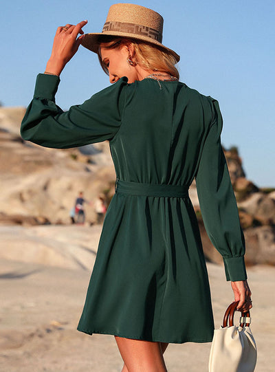Round Neck Long Sleeve Green Dress