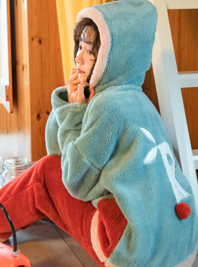 Coral Velvet Button Hooded Cartoon Suit Pullover Flannel