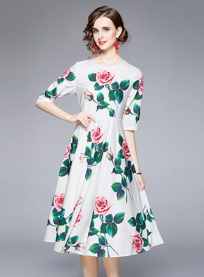 White Short Sleeve Rose Print Dress