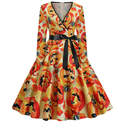 Long Sleeve V-neck Print Dress