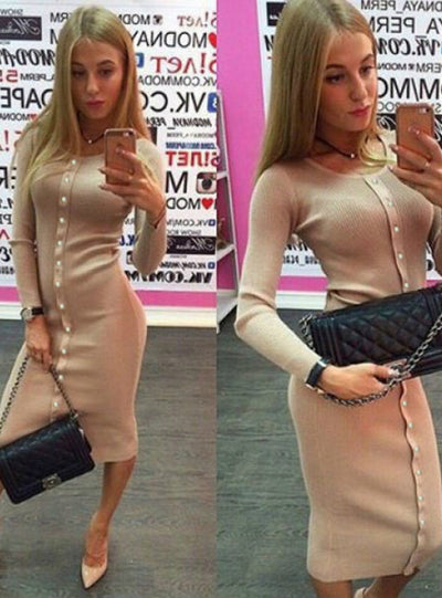 Midi Dress Knitted Mid-calf O-neck Dresses