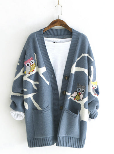 Sweater Owl Embroidered Loose Knit Cardigan