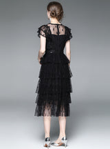 Black Flounce Lace Mesh Embroidered Cake Dress